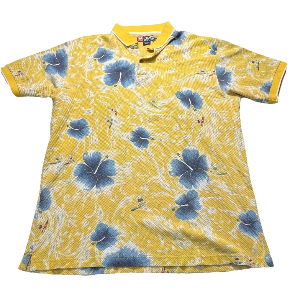 Chaps Ralph Lauren Hawaiian Polo Mens Large Yellow Blue Floral Tropical Golf